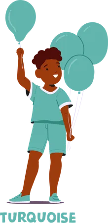 Un enfant heureux en tenue turquoise tient des ballons avec un sourire espiègle représentant la joie et l'innocence  Illustration