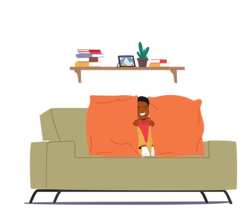 Un enfant heureux joue à cache-cache sur un canapé confortable avec des coussins orange vif  Illustration