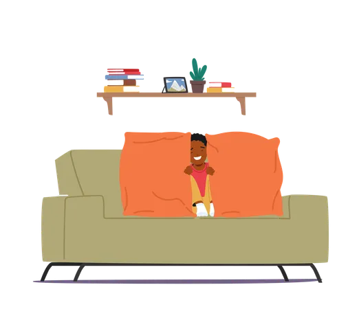 Un enfant heureux joue à cache-cache sur un canapé confortable avec des coussins orange vif  Illustration