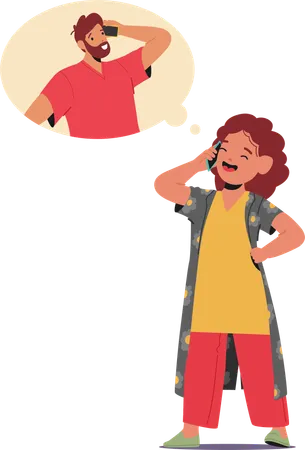 Un enfant heureux parle au téléphone tout en imaginant une conversation avec son père ou un ami adulte  Illustration