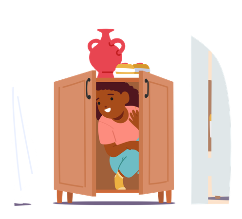 Un enfant heureux se cache dans une armoire pendant un jeu de cache-cache en salle  Illustration