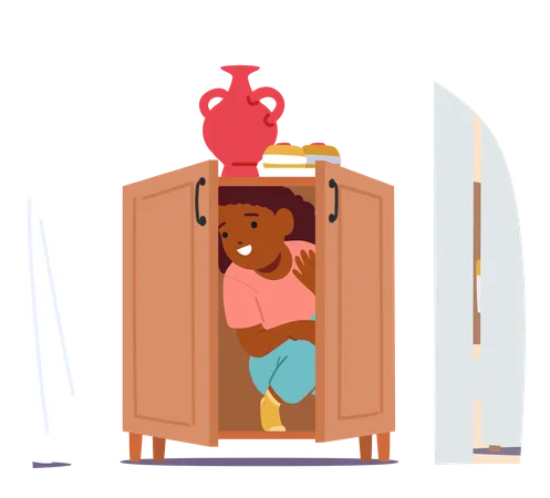 Un enfant heureux se cache dans une armoire pendant un jeu de cache-cache en salle  Illustration