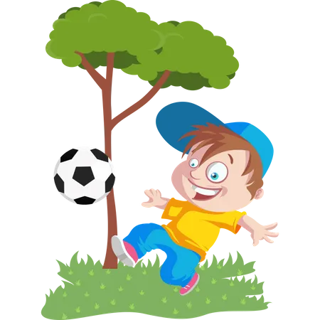 Enfant jouant au football dans le parc  Illustration