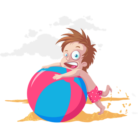 Enfant jouant avec un gros ballon sur la plage  Illustration
