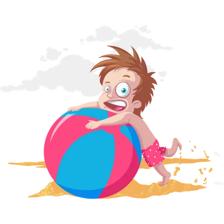 Enfant jouant avec un gros ballon sur la plage  Illustration