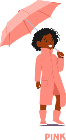 Enfant joyeux vêtu d'un imperméable rose et de bottes tenant un parapluie  Illustration