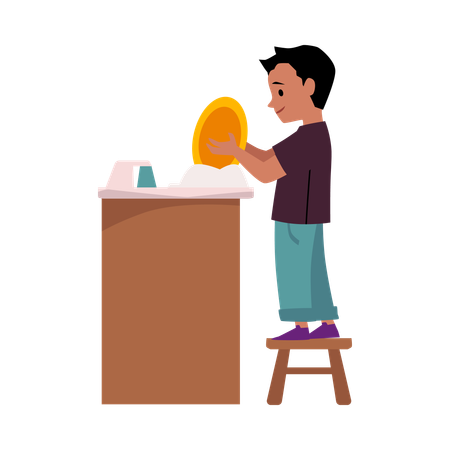L'enfant fait la vaisselle dans l'évier de la cuisine après avoir mangé  Illustration