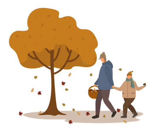 Enfant marchant avec son père dans le parc en automne  Illustration