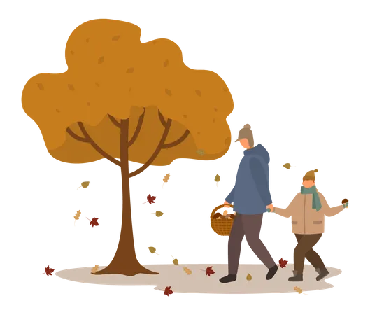 Enfant marchant avec son père dans le parc en automne  Illustration