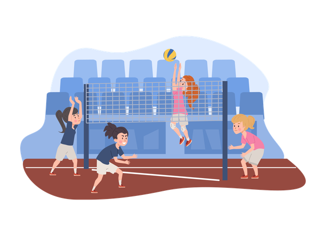 De jolies petites filles émotives jouent au volley-ball au stade  Illustration