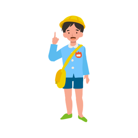 Un enfant mignon et souriant en uniforme donne des conseils utiles dans un cadre d'apprentissage préscolaire  Illustration