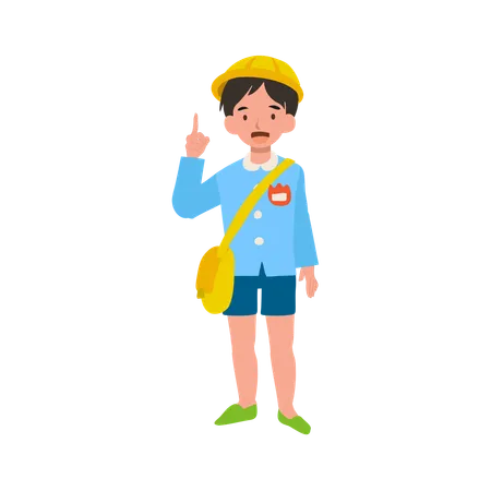 Un enfant mignon et souriant en uniforme donne des conseils utiles dans un cadre d'apprentissage préscolaire  Illustration