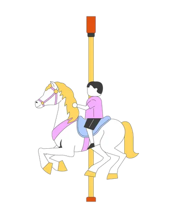 Un enfant monte un cheval de carrousel dans un parc d'attractions  Illustration