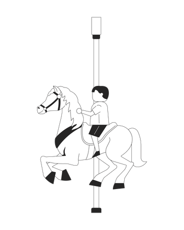 Un enfant monte un cheval de carrousel dans un parc d'attractions  Illustration