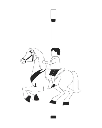 Un enfant monte un cheval de carrousel dans un parc d'attractions  Illustration