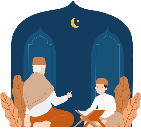 Enfant musulman écoutant un conférencier spirituel  Ilustración