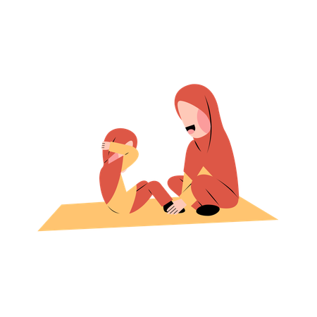 Enfant musulman faisant de l'exercice avec sa mère  Illustration