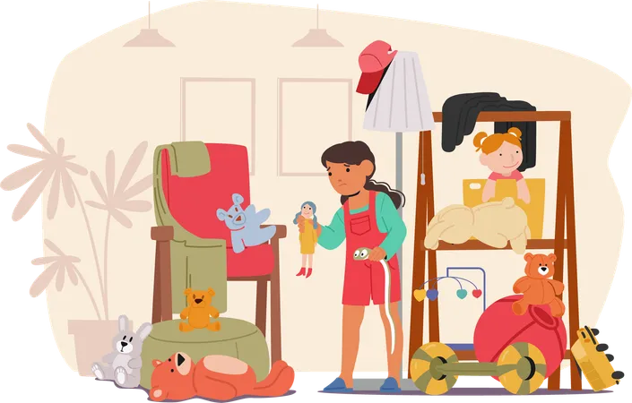 Enfant nettoyant une chambre en désordre  Illustration