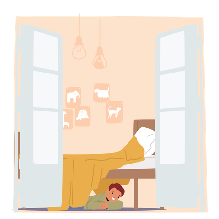 Personnage enfant jouant à cache-cache en se cachant sous le lit  Illustration