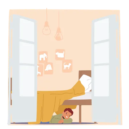 Personnage enfant jouant à cache-cache en se cachant sous le lit  Illustration