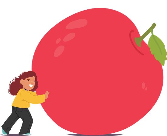 Un enfant pousse une pomme géante  Illustration