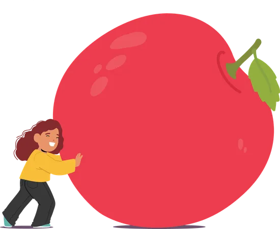 Un enfant pousse une pomme géante  Illustration