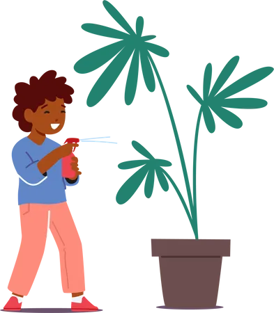 Enfant pulvérisant de l'eau sur une plante d'intérieur  Illustration