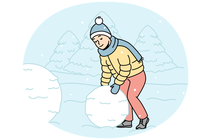 Un enfant fait rouler une grosse boule de neige pour faire un bonhomme de neige à l'extérieur  Illustration