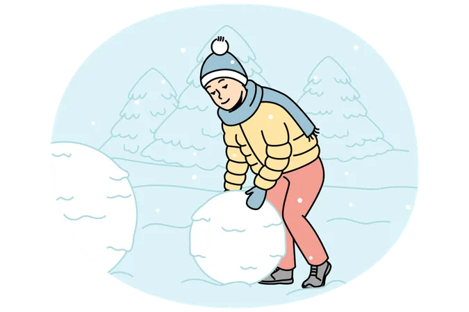 Un enfant fait rouler une grosse boule de neige pour faire un bonhomme de neige à l'extérieur  Illustration