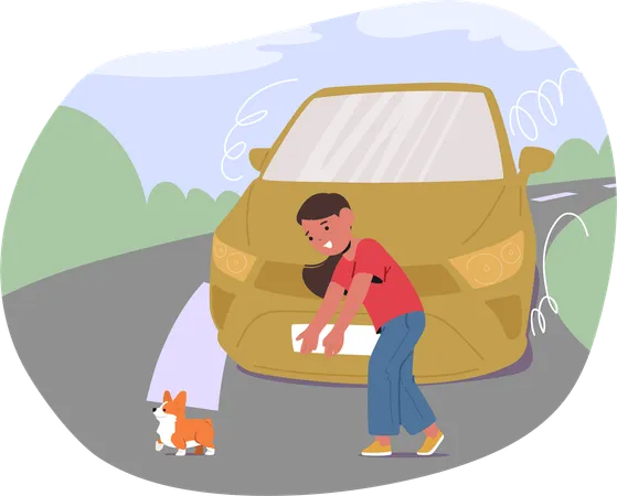 Un enfant sauve un petit chien d'une voiture venant en sens inverse en traversant la rue  Illustration