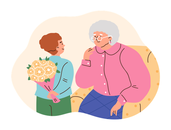 Enfant souriant tenant un bouquet de fleurs pour sa grand-mère dans son dos  Illustration