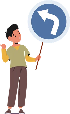 Kid Holding Road Sign montrant tourner à gauche  Illustration