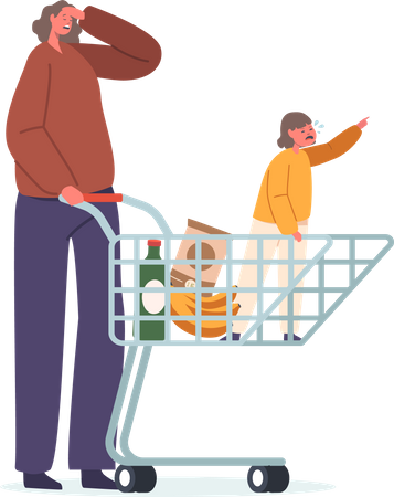 Enfant têtu assis dans un chariot de supermarché  Illustration