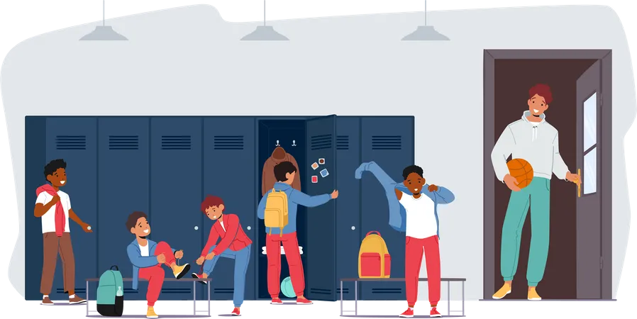 Enfants dans le vestiaire des sports scolaires  Illustration