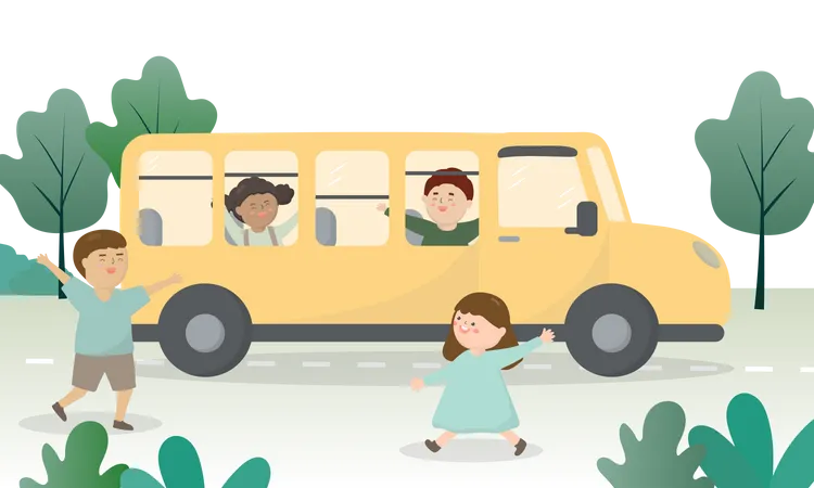 Les enfants vont à l'école dans le bus scolaire  Illustration