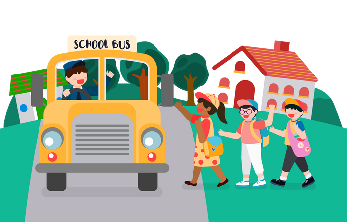 Les enfants vont à l'école et prennent le bus scolaire  Illustration