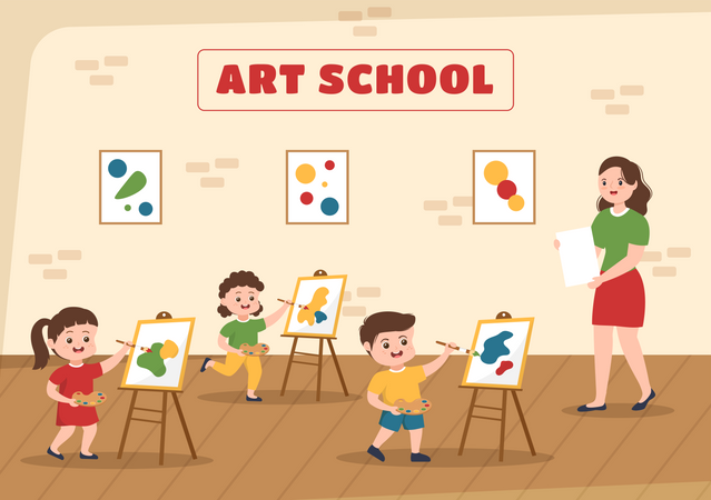 Enfants apprenant l’art à l’école d’art  Illustration