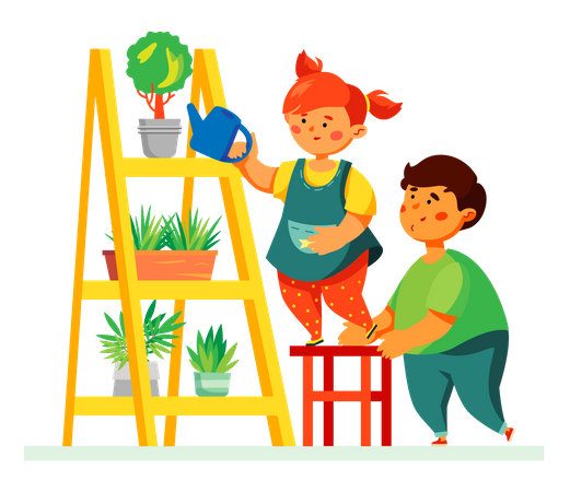 Enfants arrosant les plantes  Illustration
