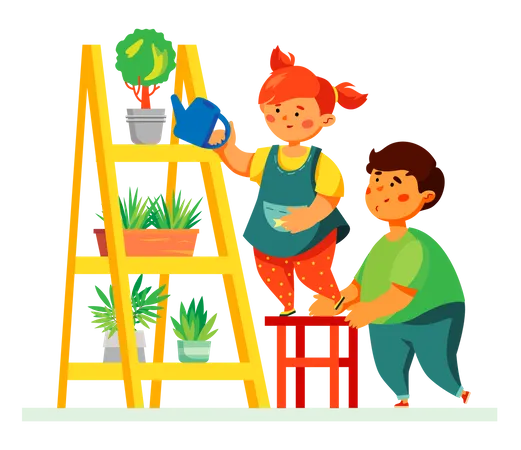 Enfants arrosant les plantes  Illustration