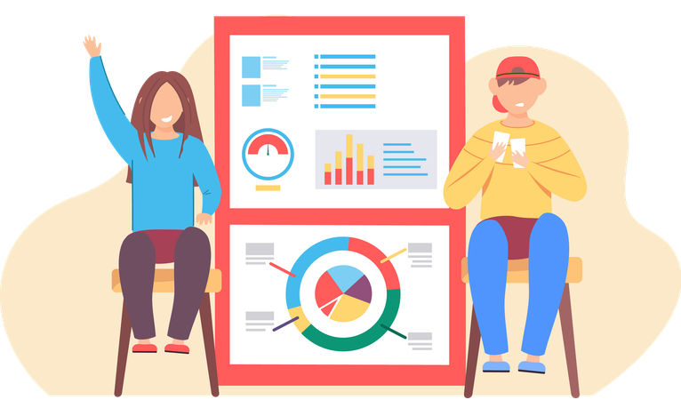 Enfants assis avec un rapport statistique  Illustration