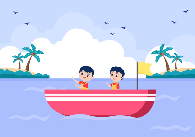 Enfants assis dans un bateau  Illustration