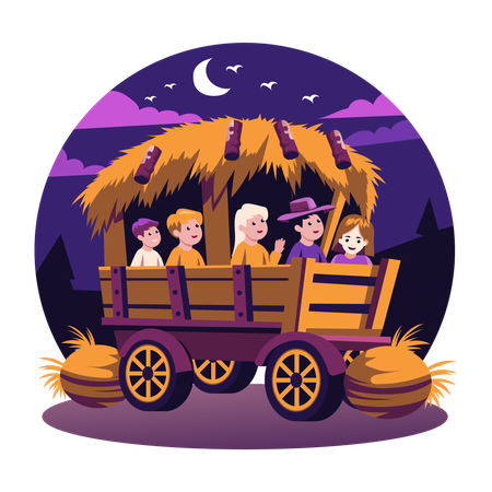 Enfants assis dans un chariot en bois  Illustration