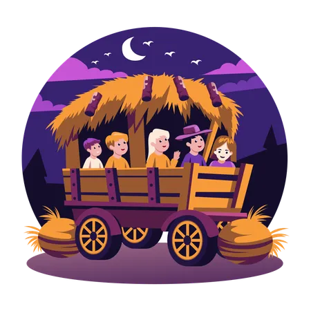 Enfants assis dans un chariot en bois  Illustration