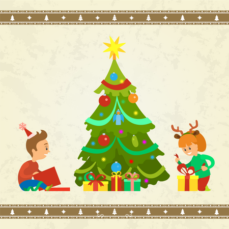 Enfants avec des cadeaux de Noël  Illustration