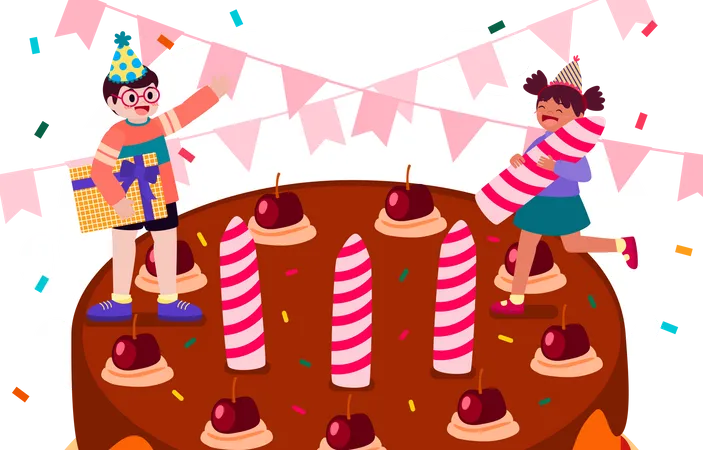 Enfants célébrant avec un gâteau d'anniversaire  Illustration