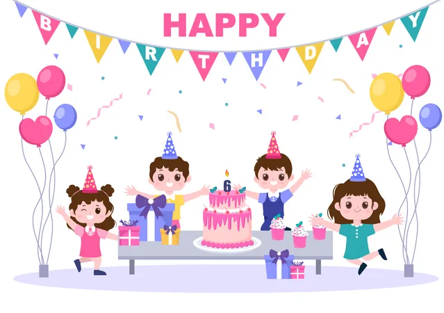 Enfants célébrant leur anniversaire  Illustration