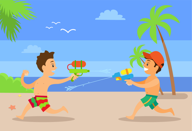 Enfants combattant par des garçons d'eau sur le littoral  Illustration