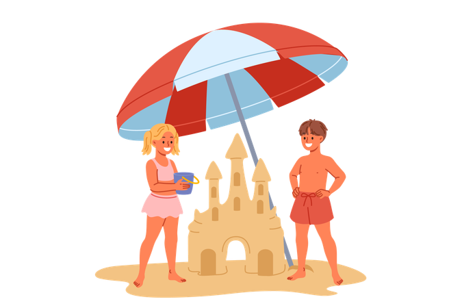 Les enfants construisent un château de sable sur la plage  Illustration