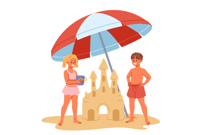 Les enfants construisent un château de sable sur la plage  Illustration