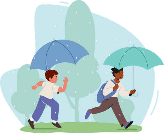 Enfants courant avec un parapluie à la main  Illustration